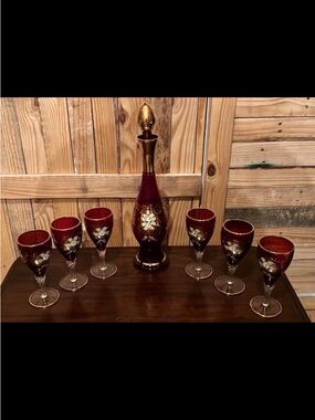 Ruby Red Gilded Glass Decanter Set with Floral Accents